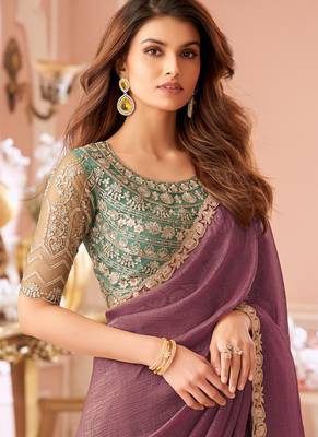 Plum georgette resham & cut work border heavy designer blouse party wear saree 2