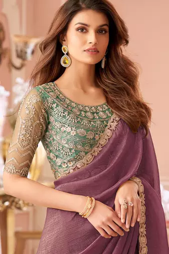 Plum georgette resham & cut work border heavy designer blouse party wear saree