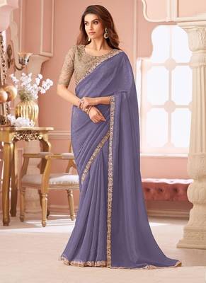Lavender georgette resham & cut work border heavy designer blouse party wear saree 1