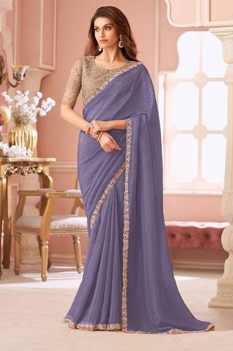 Lavender georgette resham & cut work border heavy designer blouse party wear saree