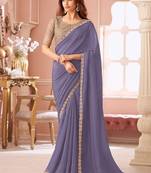 Lavender georgette resham & cut work border heavy designer blouse party wear saree