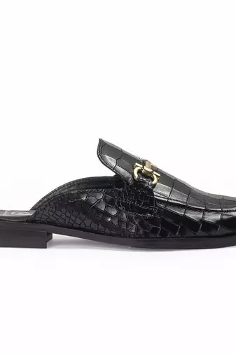 Black solid leather mules