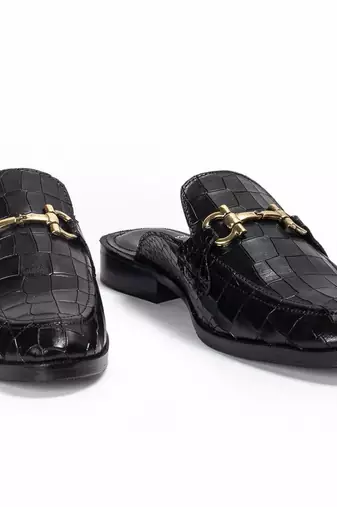 Black solid leather mules