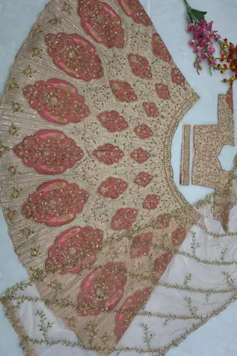 Designer Slub Silk Embroidered Peach Pink Elegance Lehenga Choli With Dupatta