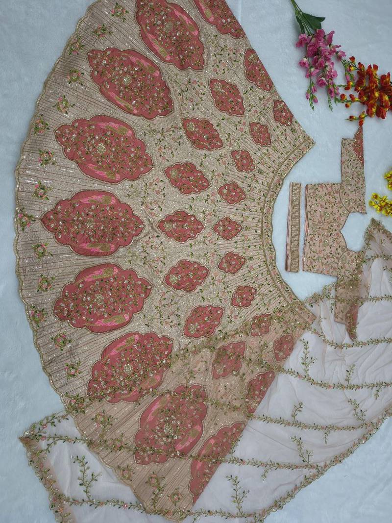 Designer Slub Silk Embroidered Peach Pink Elegance Lehenga Choli With Dupatta