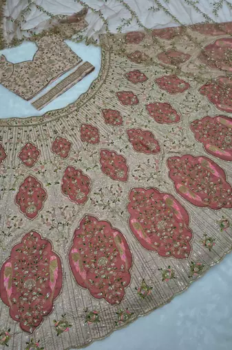 Designer Slub Silk Embroidered Peach Pink Elegance Lehenga Choli With Dupatta