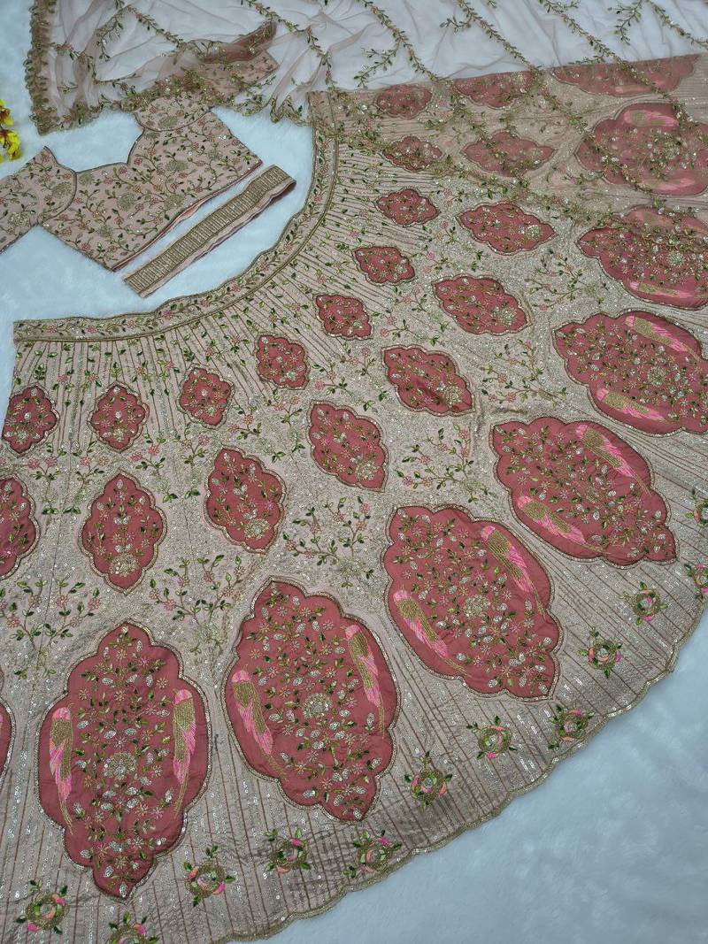 Designer Slub Silk Embroidered Peach Pink Elegance Lehenga Choli With Dupatta