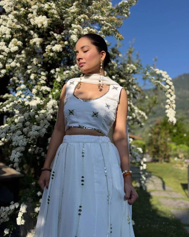 off white zari and sequins embroidered georgette lehenga choli