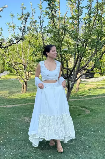 off white zari and sequins embroidered georgette lehenga choli