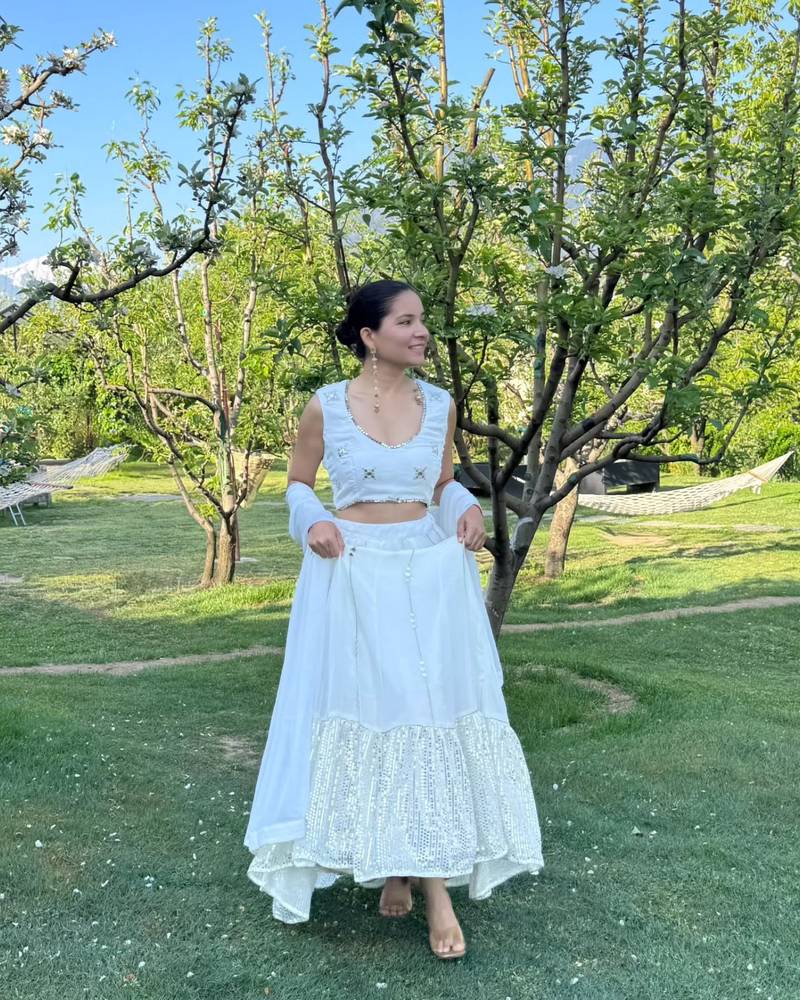 off white zari and sequins embroidered georgette lehenga choli