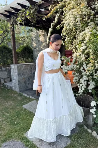 off white zari and sequins embroidered georgette lehenga choli