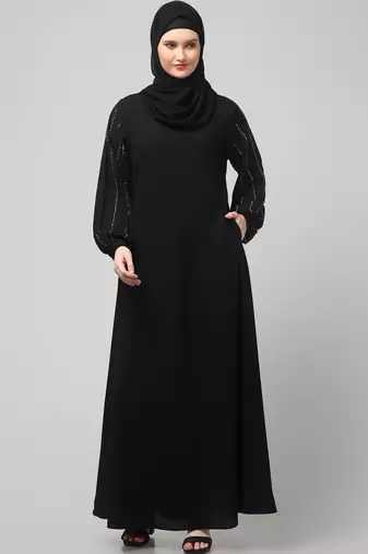 embroidered sleeve  with elastic  a line matt nida abaya with hjab
