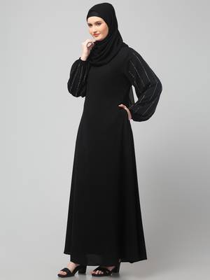 embroidered sleeve  with elastic  a line matt nida abaya with hjab 5