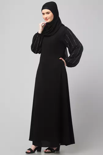 embroidered sleeve  with elastic  a line matt nida abaya with hjab