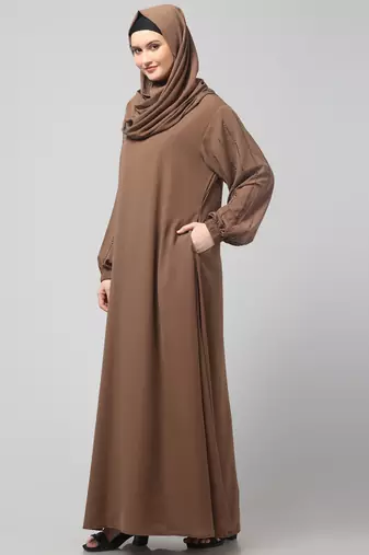 embroidered sleeve  with elastic  a line matt nida abaya with hijab