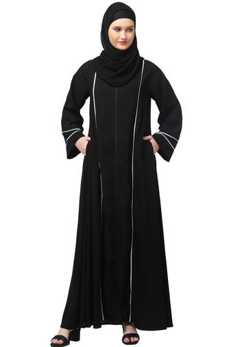 front open with zip contrast piping at front and sleeves matt nida abaya with hijab