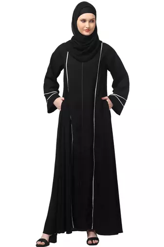 front open with zip contrast piping at front and sleeves matt nida abaya with hijab