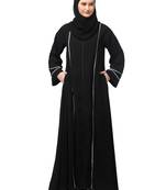 front open with zip contrast piping at front and sleeves matt nida abaya with hijab