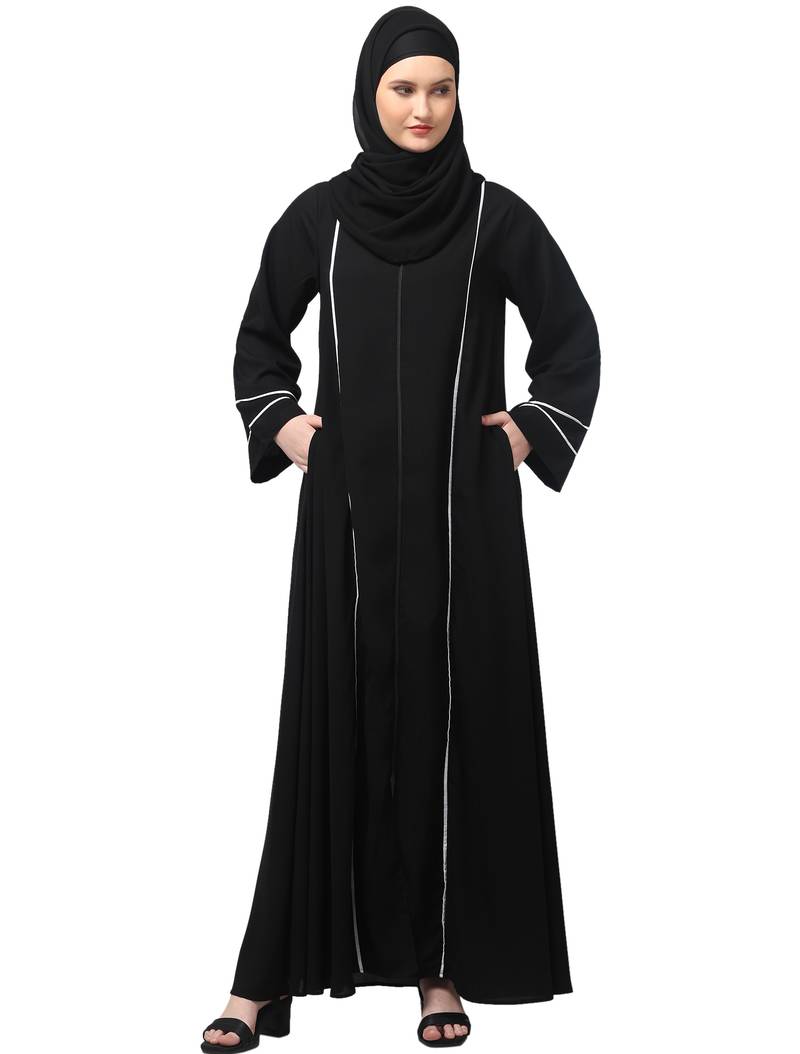 front open with zip contrast piping at front and sleeves matt nida abaya with hijab