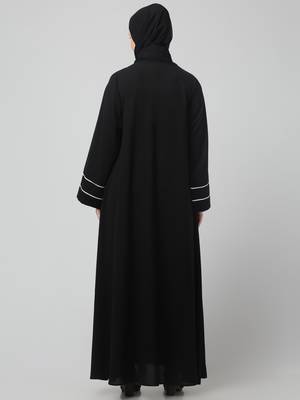 front open with zip contrast piping at front and sleeves matt nida abaya with hijab 2
