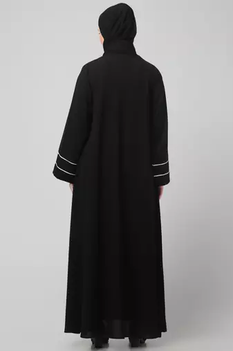 front open with zip contrast piping at front and sleeves matt nida abaya with hijab