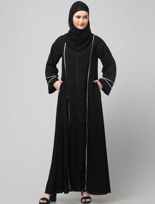 front open with zip contrast piping at front and sleeves matt nida abaya with hijab 3
