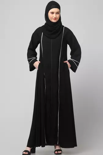 front open with zip contrast piping at front and sleeves matt nida abaya with hijab