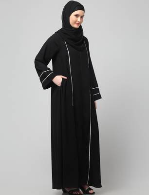 front open with zip contrast piping at front and sleeves matt nida abaya with hijab 4