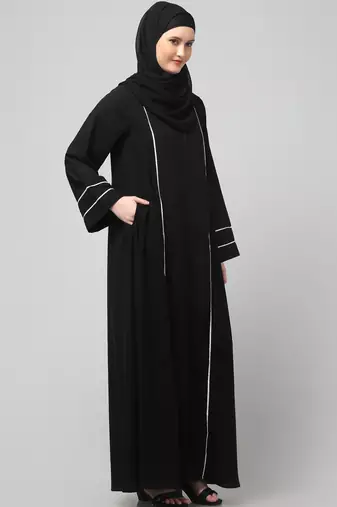 front open with zip contrast piping at front and sleeves matt nida abaya with hijab
