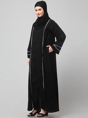 front open with zip contrast piping at front and sleeves matt nida abaya with hijab 5