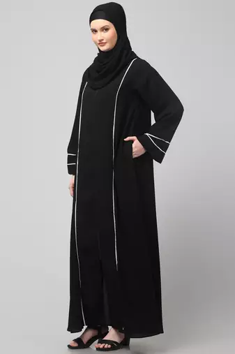 front open with zip contrast piping at front and sleeves matt nida abaya with hijab