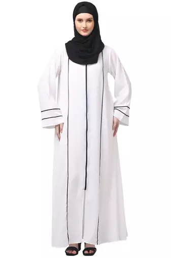front open with zip contrast piping at front and sleeves matt nida abaya with hijab