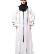 front open with zip contrast piping at front and sleeves matt nida abaya with hijab