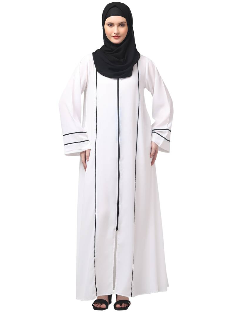 front open with zip contrast piping at front and sleeves matt nida abaya with hijab