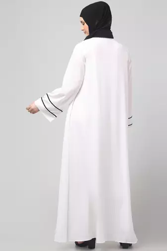 front open with zip contrast piping at front and sleeves matt nida abaya with hijab