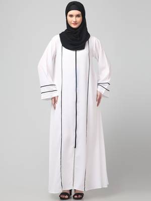 front open with zip contrast piping at front and sleeves matt nida abaya with hijab 3