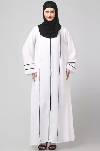 front open with zip contrast piping at front and sleeves matt nida abaya with hijab