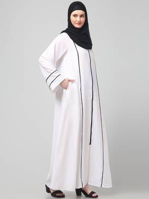 front open with zip contrast piping at front and sleeves matt nida abaya with hijab 4