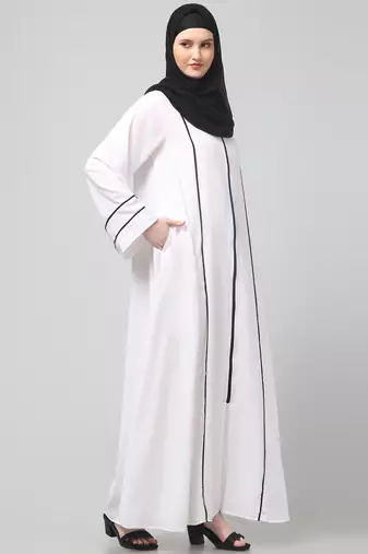 front open with zip contrast piping at front and sleeves matt nida abaya with hijab