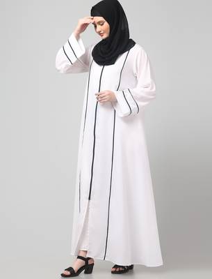 front open with zip contrast piping at front and sleeves matt nida abaya with hijab 5
