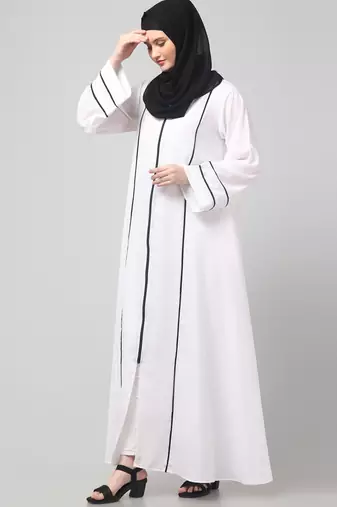 front open with zip contrast piping at front and sleeves matt nida abaya with hijab