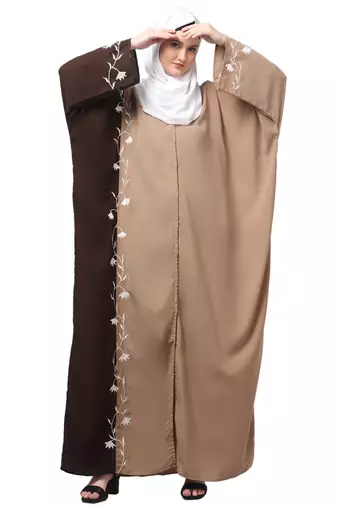 embroidery at fron and sleeves contrast front open kaftan abaya with  hijab