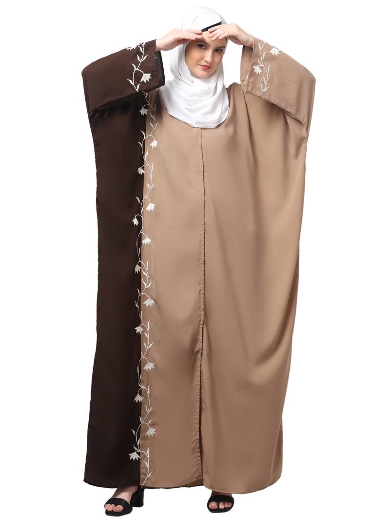 embroidery at fron and sleeves contrast front open kaftan abaya with  hijab