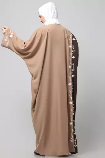 embroidery at fron and sleeves contrast front open kaftan abaya with  hijab