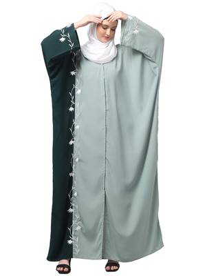 embroidery at fron and sleeves contrast front open kaftan abaya with  hijab 1