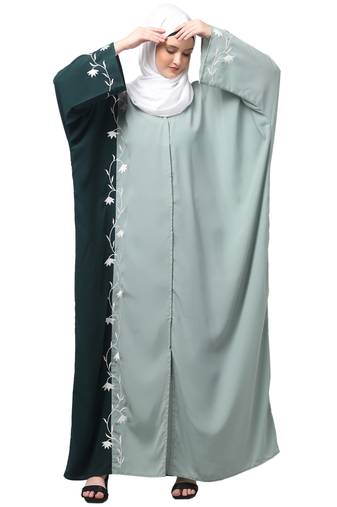 embroidery at fron and sleeves contrast front open kaftan abaya with  hijab