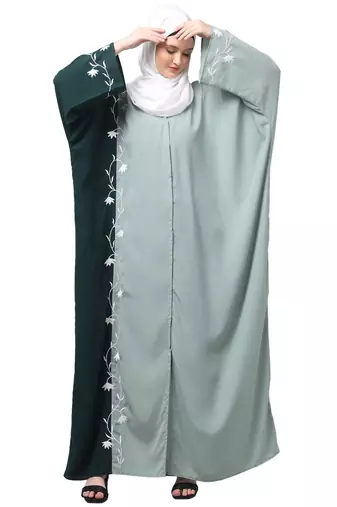 embroidery at fron and sleeves contrast front open kaftan abaya with  hijab