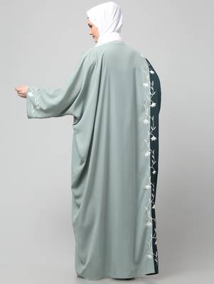embroidery at fron and sleeves contrast front open kaftan abaya with  hijab 2