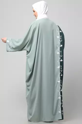 embroidery at fron and sleeves contrast front open kaftan abaya with  hijab