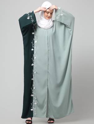 embroidery at fron and sleeves contrast front open kaftan abaya with  hijab 3